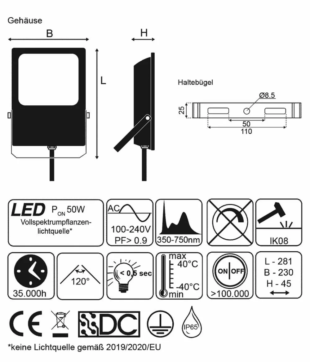 SunElements Pflanzenlampe LED 50 W, Vollspektrum 450-750 nm, 2er Set Schwarz