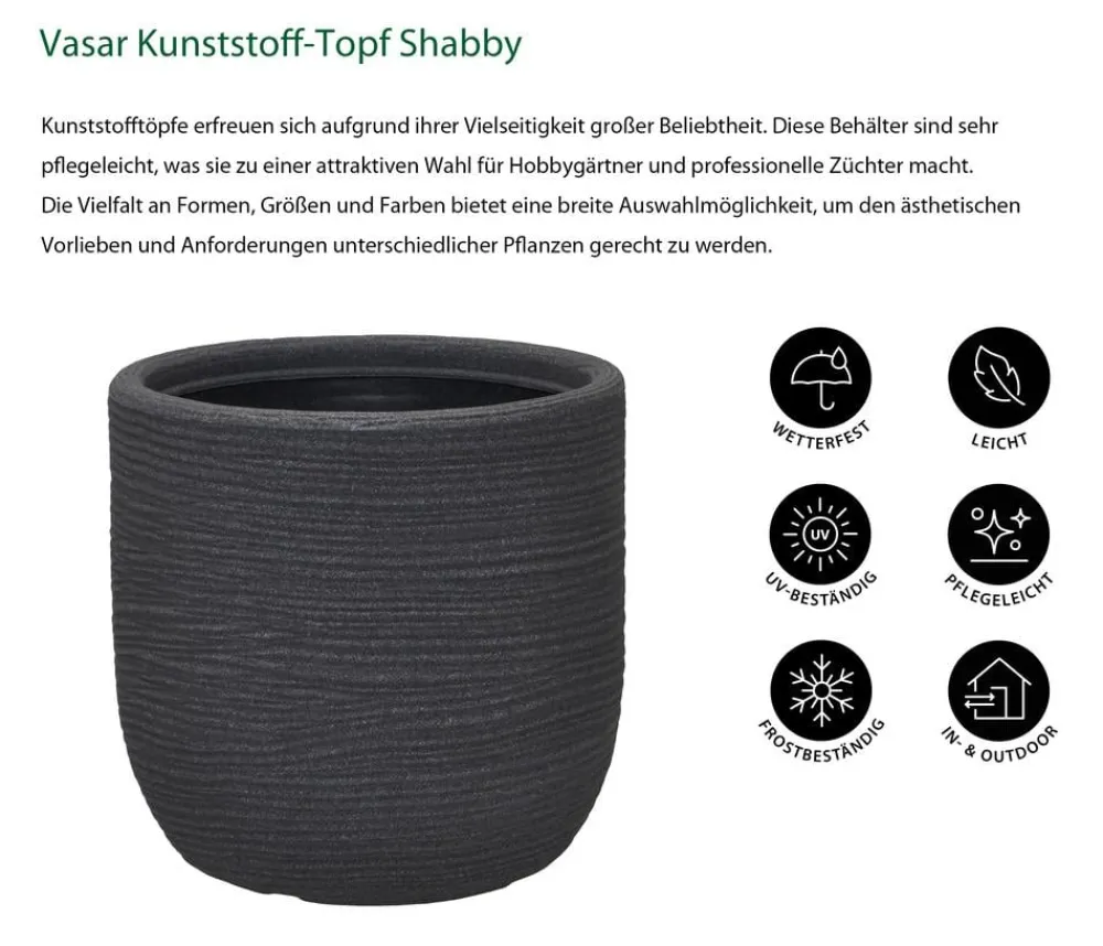 Vasar Kunststoff-Topf Shabby, rund, Dunkelgrau New