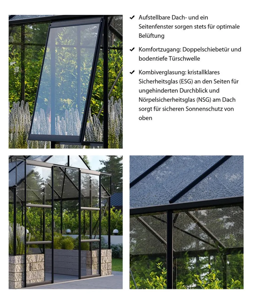 Vitavia Gewächshäuser - Gewächshaus Cassiopeia 9900 ESG/NSG, ca. B257/H249/T385 cm Schwarz
