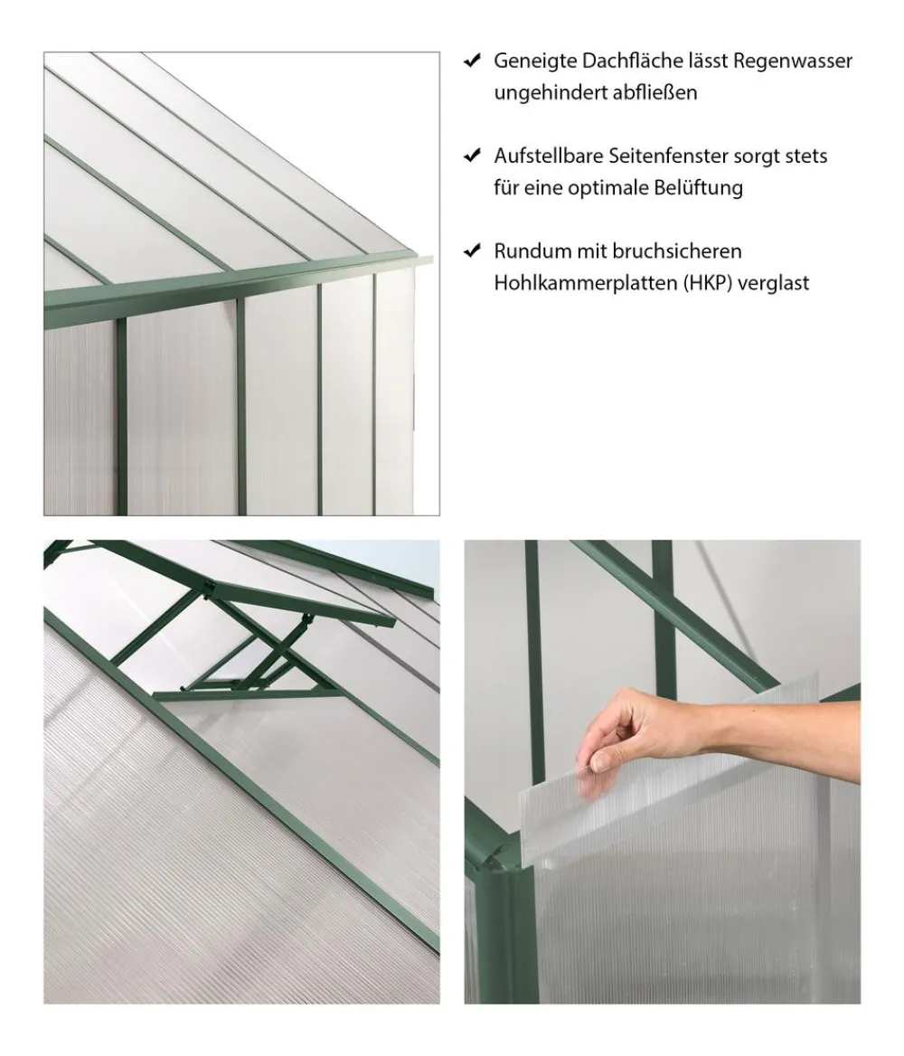 Vitavia Gewächshäuser - Gewächshaus Pluto 7500 HKP, inkl. Stahlfundamentrahmen, ca. B198/H208/T377 cm Dunkelgrün