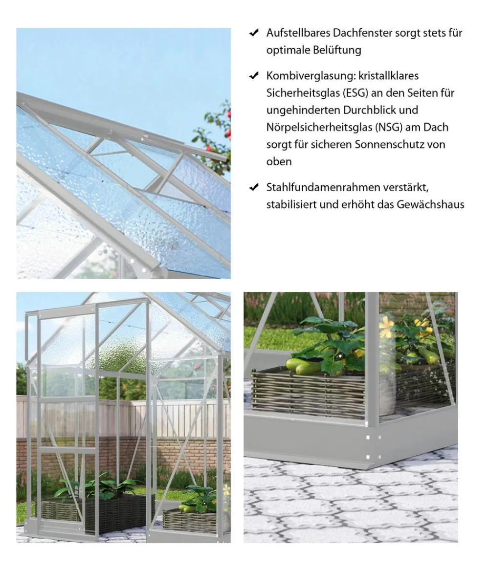 Vitavia Gewächshaus Pontos 3800 ESG/NSG, inkl. Stahlfundamentrahmen, ca. B195/H207/T199 cm Silber Outlet