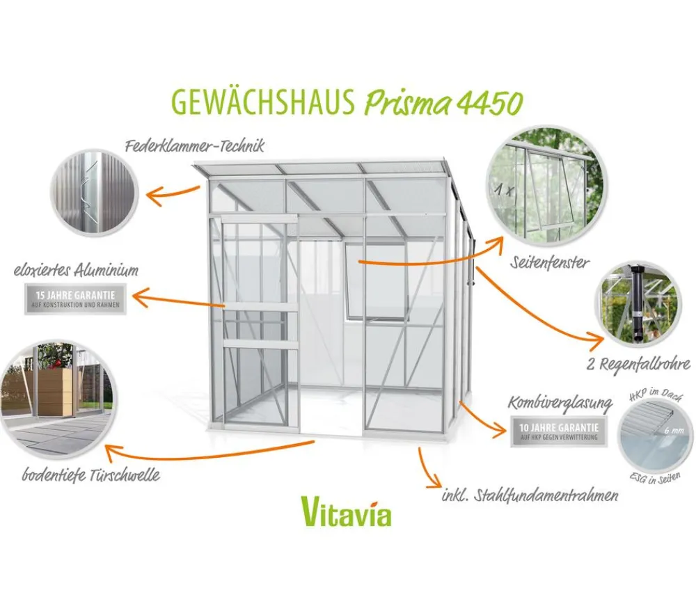 Vitavia Gewächshäuser - Gewächshaus Prisma 4450 ESG/HKP, inkl. Stahlfundamentrahmen Silber