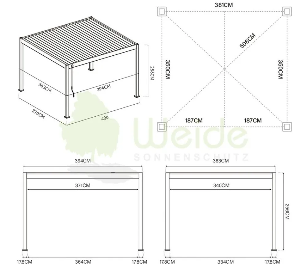 Weide Deluxe Pergola Voll-Alu, ca. B400/H255/T360 cm Anthrazit Discount
