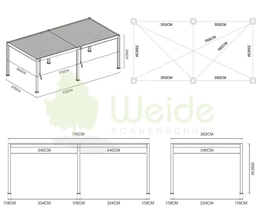 Weide Pergolen - Deluxe Pergola Voll-Alu, ca. B720/H255/T360 cm Weiß