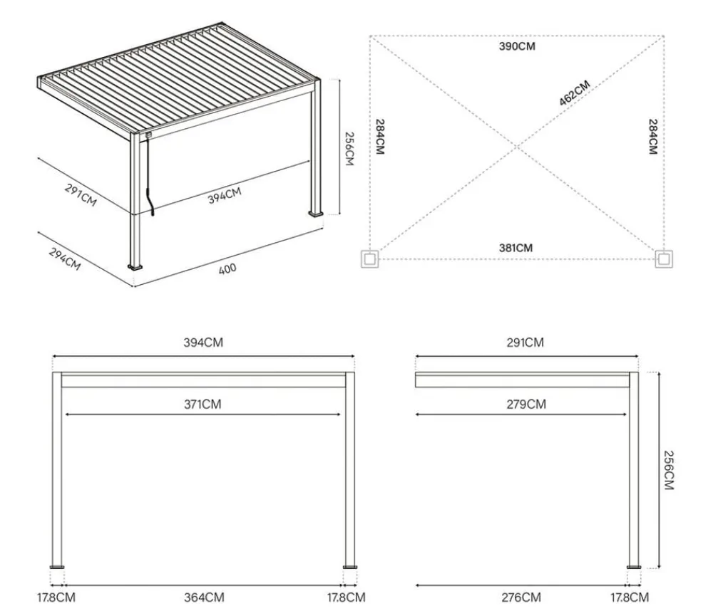 Weide Pergolen > Deluxe Wandpergola Voll-Alu, ca. B400/H255/T300 cm
