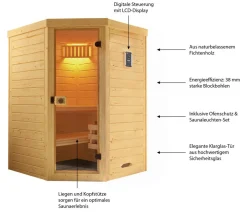 Weka Ecksauna Laukkala mit Glastür, ca. B144/H200/T144 cm Natur Clearance