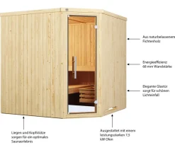 Weka Ecksauna Varberg mit Glastür inkl. Ofen, ca. B194/H199/T194 cm Natur