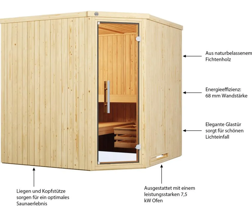 Weka Ecksauna Varberg mit Glastür inkl. Ofen, ca. B194/H199/T194 cm Natur