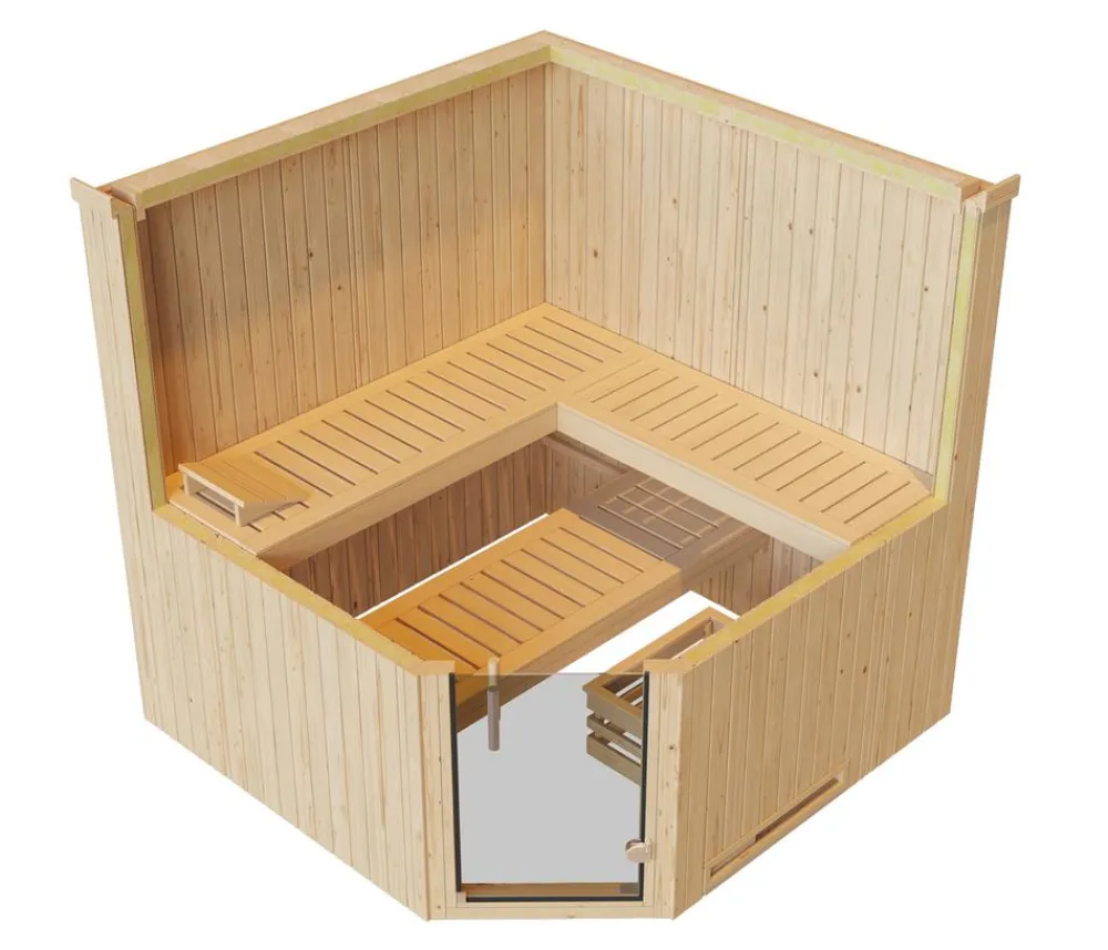 Weka Ecksauna Varberg mit Glastür inkl. Ofen, ca. B194/H199/T194 cm Natur