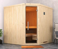 Weka Ecksauna Varberg mit Glastür inkl. Ofen, ca. B194/H199/T194 cm Natur