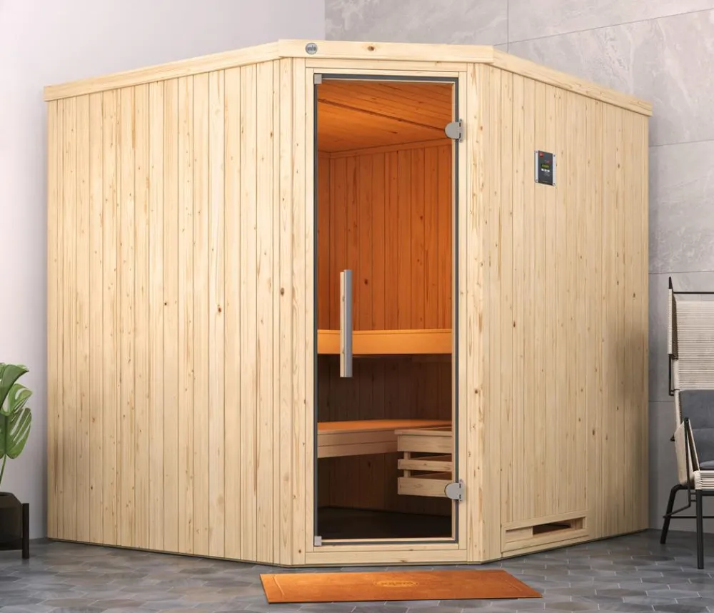 Weka Ecksauna Varberg mit Glastür inkl. Ofen, ca. B194/H199/T194 cm Natur