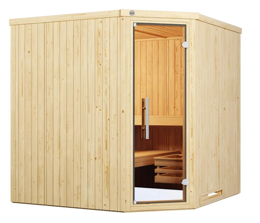 Weka Ecksauna Varberg mit Glastür inkl. Ofen, ca. B194/H199/T194 cm Natur