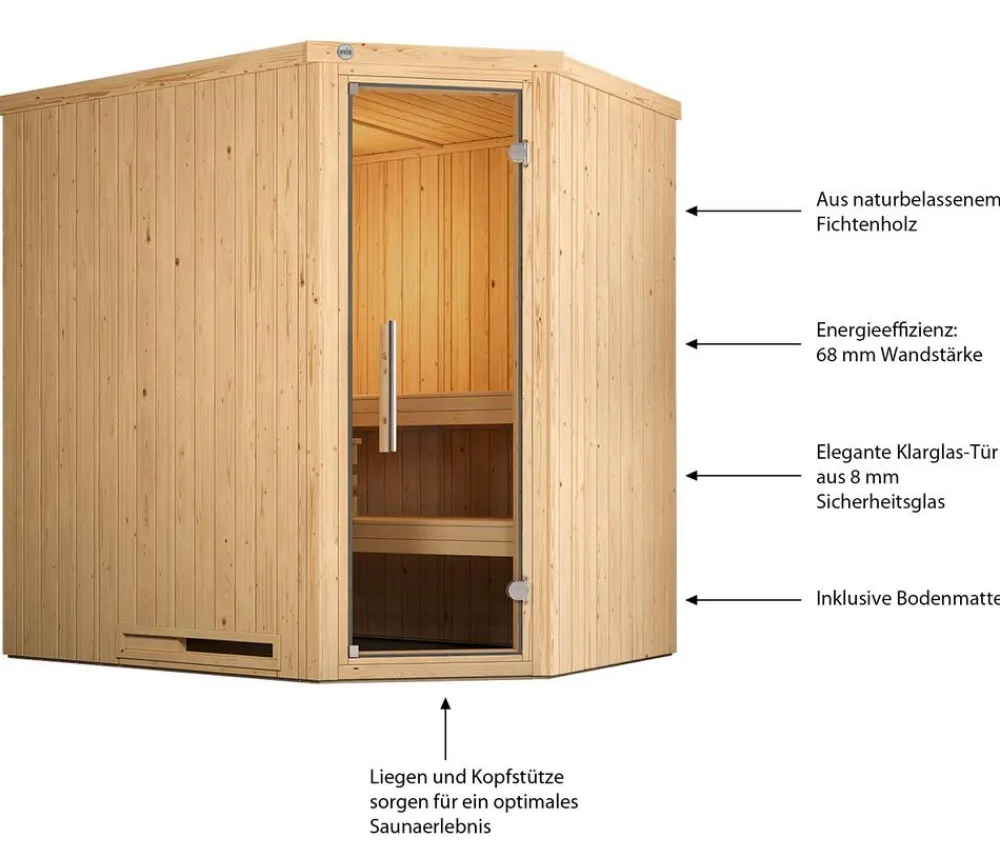Weka Saunas & Infrarotkabinen > Ecksauna Varberg mit Glastür