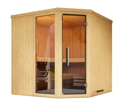 Weka Ecksauna Varberg mit Glastür und Fenster Natur