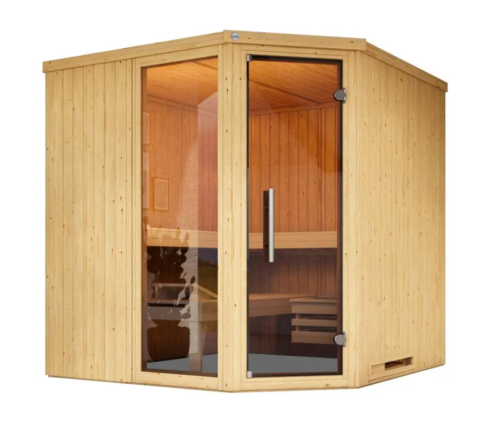 Weka Ecksauna Varberg mit Glastür und Fenster Natur