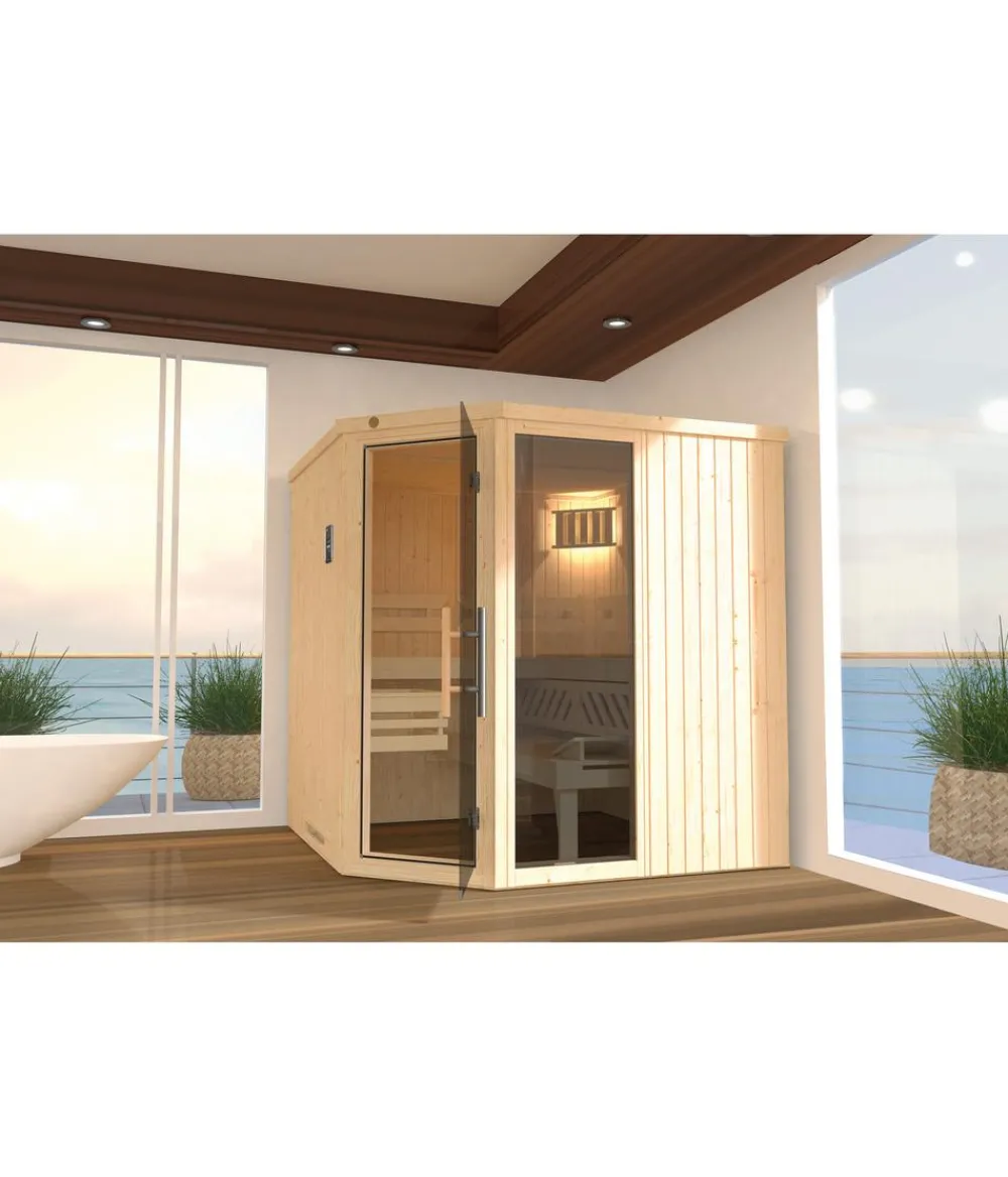 Weka Ecksauna Varberg mit Glastür und Fenster Natur