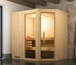 Weka Saunas & Infrarotkabinen - Ecksauna Varberg mit Glastür und Fenster Natur