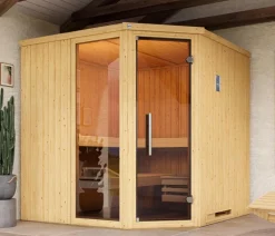 Weka Saunas & Infrarotkabinen - Ecksauna Varberg mit Glastür und Fenster inkl. Ofen, ca. B194/H199/T194 cm Natur