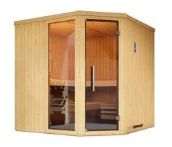 Weka Saunas & Infrarotkabinen - Ecksauna Varberg mit Glastür und Fenster inkl. Ofen, ca. B194/H199/T194 cm Natur