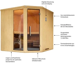 Weka Saunas & Infrarotkabinen - Ecksauna Varberg mit Glastür und Fenster inkl. Ofen, ca. B194/H199/T194 cm Natur
