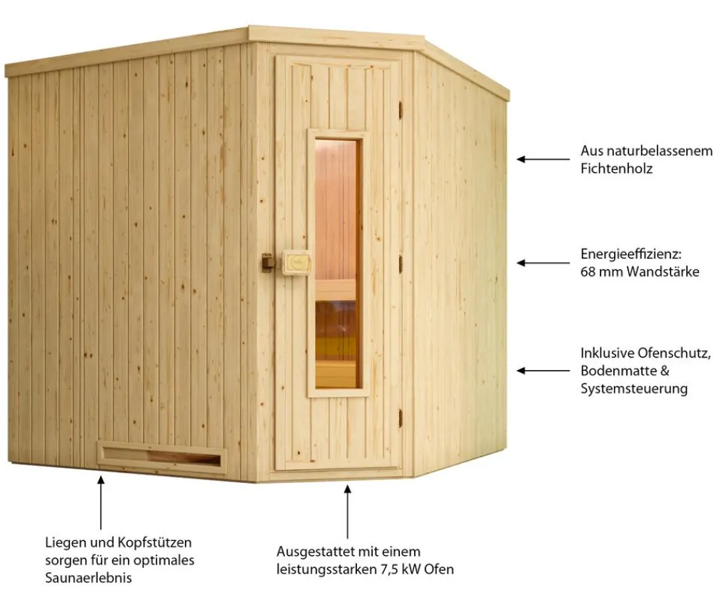 Weka Ecksauna Varberg mit Holztür inkl. Ofen, ca. B194/H199/T194 cm Natur Hot