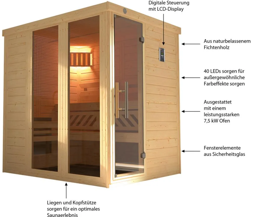Weka Saunas & Infrarotkabinen - Sauna Kemi Panorama inkl. Ofen, ca. B162/H200/T193 cm Natur