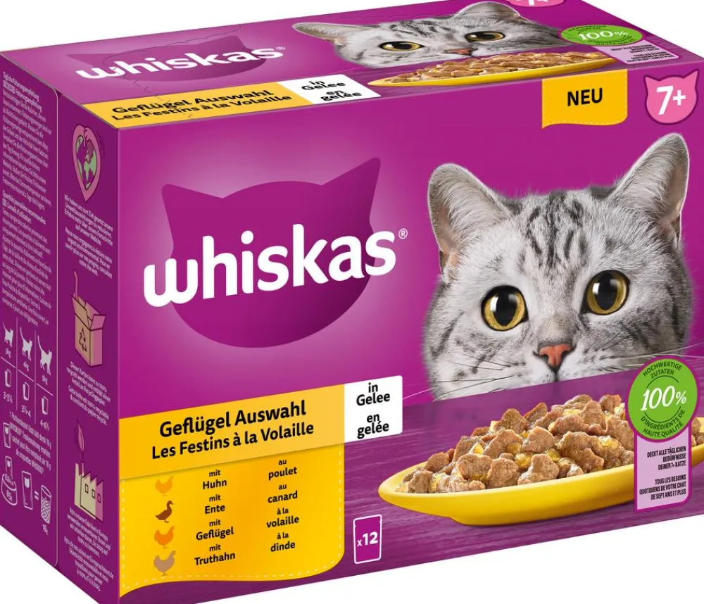 Whiskas® Nassfutter Katze - Nassfutter für Katzen Multipack 7+ Geflügel Auswahl in Gelee, Senior, 12 x 85 g