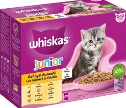 Whiskas® Nassfutter Katze - Nassfutter für Katzen Multipack Geflügel Auswahl in Gelee, Junior, 12 x 85 g