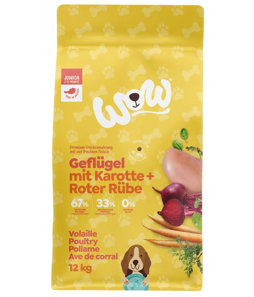 WOW Trockenfutter Hund - ® Trockenfutter für Hunde Junior Geflügel mit Karotte + Roter Rübe